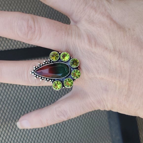 New Bi-Color Tourmaline & Peridot 925 Silver Statement Ring. - Picture 9 of 16